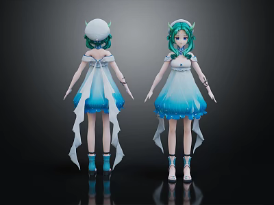 Anime Character With Green Hair White Hat And Blue White Gradient Dress Creature Design 3d model
