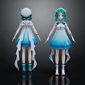 Anime Character With Green Hair White Hat And Blue White Gradient Dress Creature Design