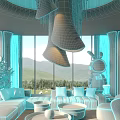 Modern Living Room Interior With Red Chandelier Large Windows Mountain View And Green Landscape