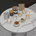 Stylish Ceramic Cups on White Marble Table with Coffee Beans and Sugar Jar
