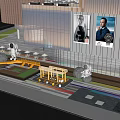 Bustling Modern Commercial Street With Glass Facades Pedestrians Green Plants And Art Sculptures