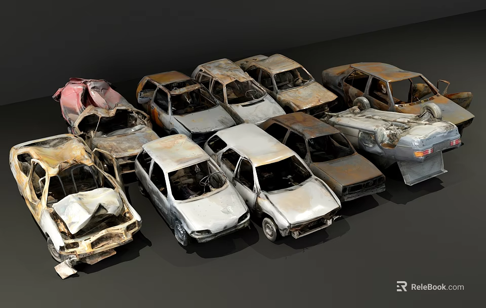 Rusty Abandoned Old Cars with Damaged Bodies and Broken Windows in Junkyard 3d model 