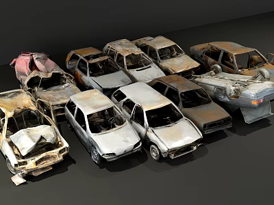 Rusty Abandoned Old Cars with Damaged Bodies and Broken Windows in Junkyard 3d model