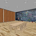 Kindergarten Interior With Wooden Walls Floor Tables Chairs Colorful Balloons And Toys