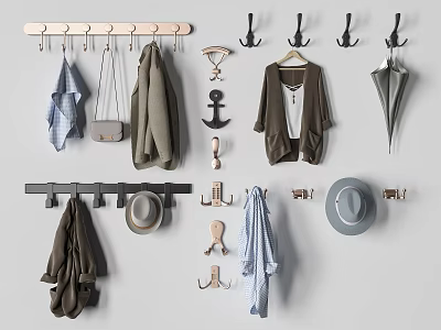 Stylish Wall Hooks With Hanging Coats Bags Hats And Umbrellas 3d model