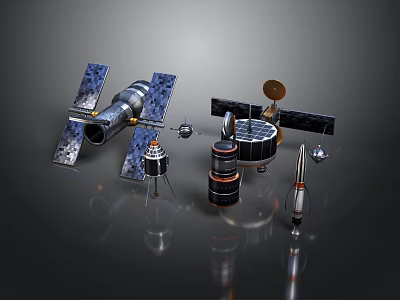 Spacecraft Models Display with Satellites Rockets Solar Panels on Reflective Surface 3d model