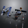 Spacecraft Models Display with Satellites Rockets Solar Panels on Reflective Surface 3d model