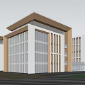 Modern Industrial Factory Building With Large Glass Windows Multi Story Structure And Pedestrians Greenery