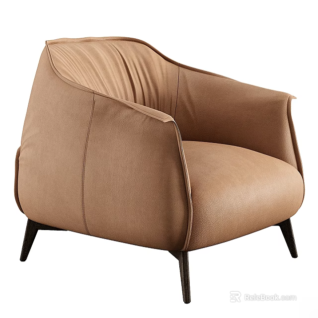 Brown Leather Single Sofa with Modern Design and Black Slim Legs 3d model 