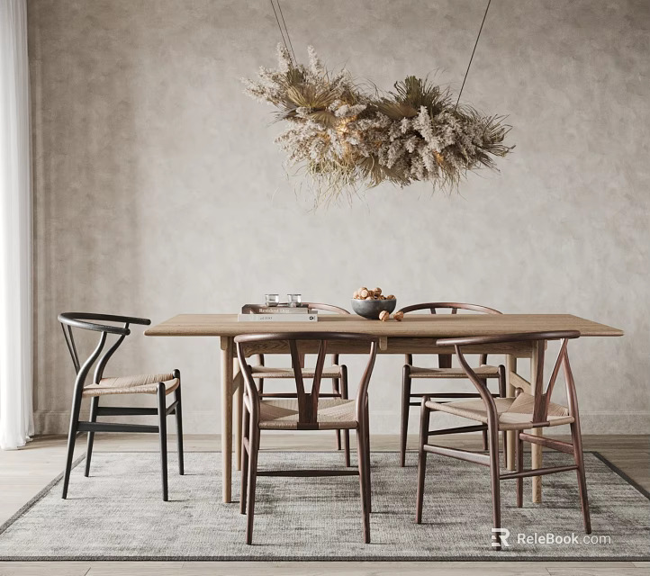 Natural Style Wooden Dining Table Set With Curved Back Chairs And Woven Chandelier 3d model 