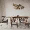 Natural Style Wooden Dining Table Set With Curved Back Chairs And Woven Chandelier