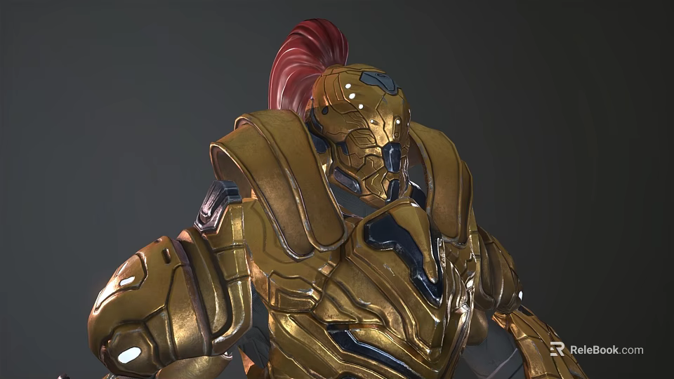 Golden Armor Sci Fi Warrior Character With Red Plume And Metallic Blue Accents 3d model 