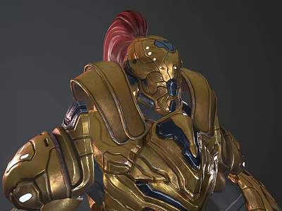 Golden Armor Sci Fi Warrior Character With Red Plume And Metallic Blue Accents 3d model