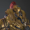 Golden Armor Sci Fi Warrior Character With Red Plume And Metallic Blue Accents