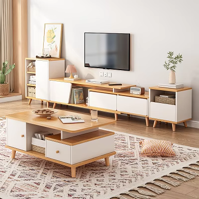 Modern White And Wood TV Stand With Storage Drawers Cabinets And Decor 3d model
