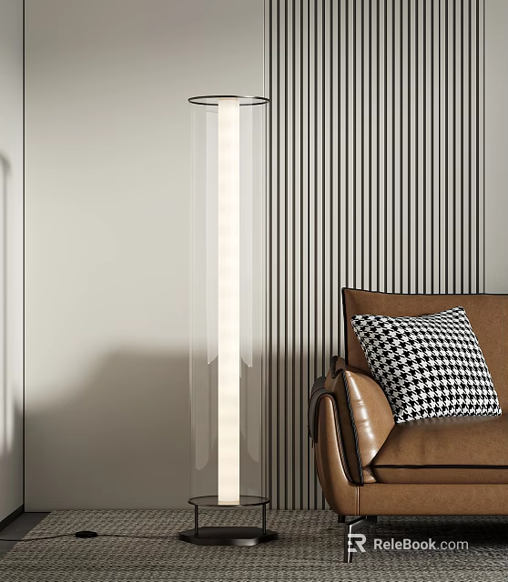 Modern Glass Floor Lamp with Striped Wall Brown Leather Sofa and Black White Checkered Pillow 3d model 