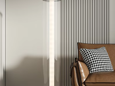 Modern Glass Floor Lamp with Striped Wall Brown Leather Sofa and Black White Checkered Pillow 3d model