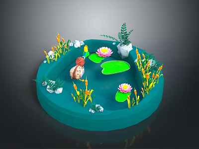 Modern Circular Water Feature With Blue Water Lily Pads Lotus Flowers And Decorative Plants 3d model