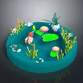 Modern Circular Water Feature With Blue Water Lily Pads Lotus Flowers And Decorative Plants