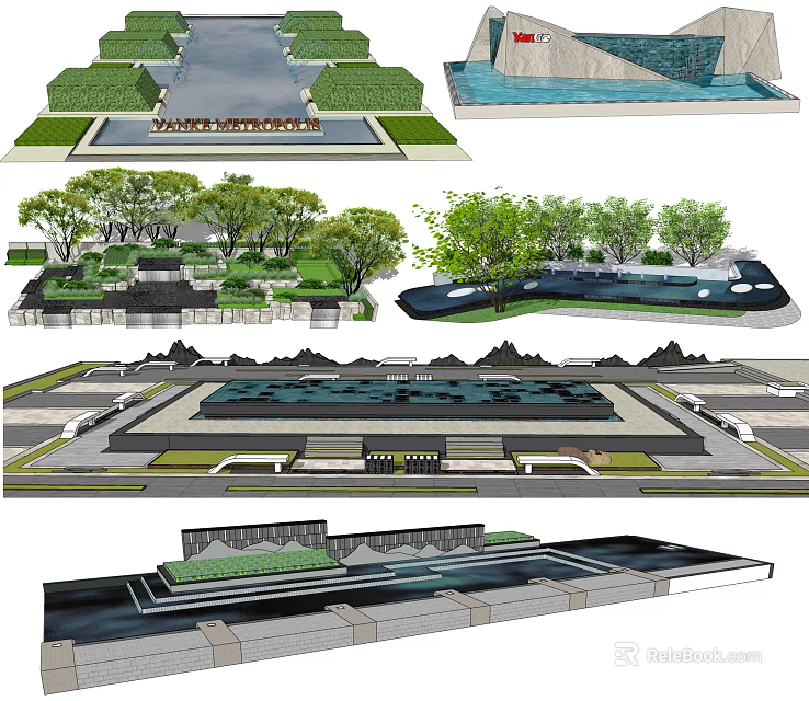 Creative Garden Ornaments Design With Water Features Paved Areas Green Lawns And Trees 3d model 