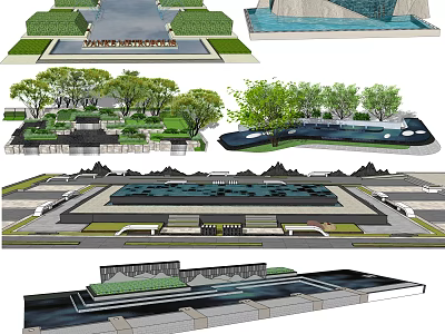 Creative Garden Ornaments Design With Water Features Paved Areas Green Lawns And Trees 3d model