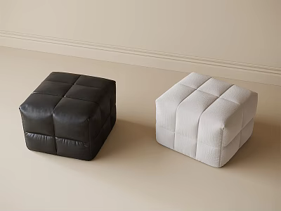 Black And White Square Tufted Leather Fabric Ottomans On Light Beige Floor 3d model