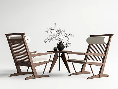 Minimalist Modern Leisure Chairs With Wooden Frame Slatted Backrest White Cushions And Small Round Table 3d model