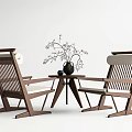 Minimalist Modern Leisure Chairs With Wooden Frame Slatted Backrest White Cushions And Small Round Table