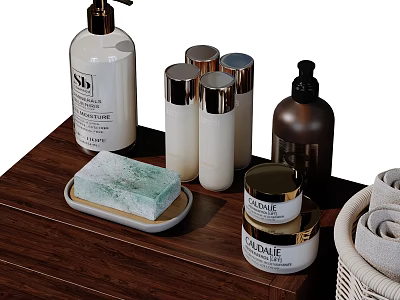 Modern Bathroom Set With Soap Tray Pump Bottles And Towel Basket On Wooden Countertop 3d model