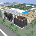 Modern Office Building Exterior With Large Windows Plaza And Trees Front