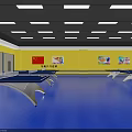 Table Tennis Fitness Room With Blue Floor Yellow Walls Chinese Flag And Ping Pong Tables