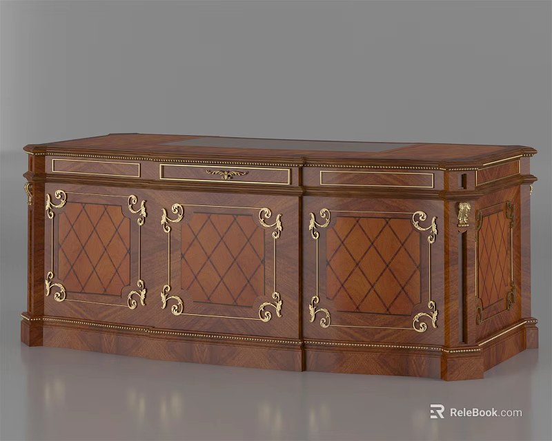 Antique Wooden Office Desk With Gold Decorative Carvings And Drawers 3d model 