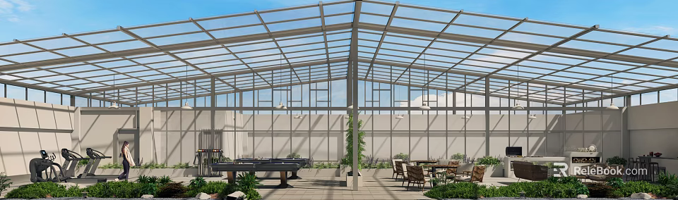 Spacious Glass Roof and Walls Leisure Area with Ping Pong Table Chairs and Plants 3d model 