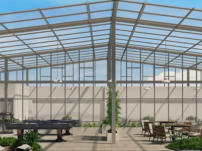 Spacious Glass Roof and Walls Leisure Area with Ping Pong Table Chairs and Plants 3d model
