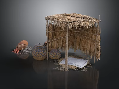 Rustic Thatched Shelter With Woven Clay Pots And White Floor Mat 3d model