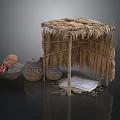 Rustic Thatched Shelter With Woven Clay Pots And White Floor Mat