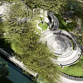 Scenic Park Landscape Design With Curved Pathways Lush Green Trees And Water Features