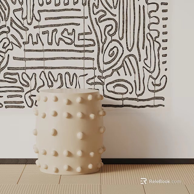 White Side Table With Bumpy Surface And Abstract Black Line Wall Art 3d model 