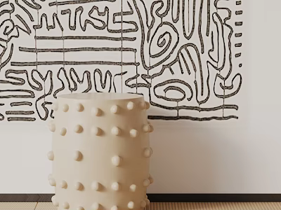 White Side Table With Bumpy Surface And Abstract Black Line Wall Art 3d model