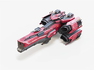Red Sci-Fi Spaceship Model With Detailed Exterior And Mechanical Engine Parts 3d model