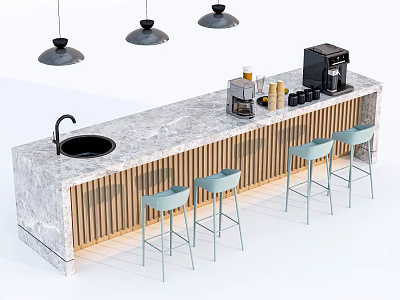 Modern Bar Counter With Marble Top Light Blue Stools Hanging Pendant Lights And Coffee Machine 3d model