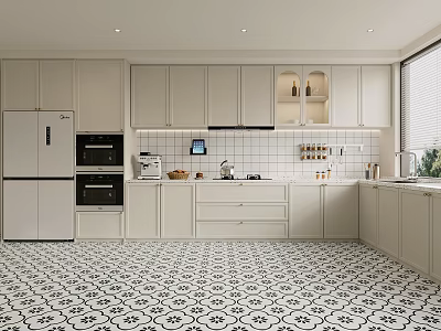 Modern Open Kitchen Interior With White Cabinets Island And Tile Floor 3d model