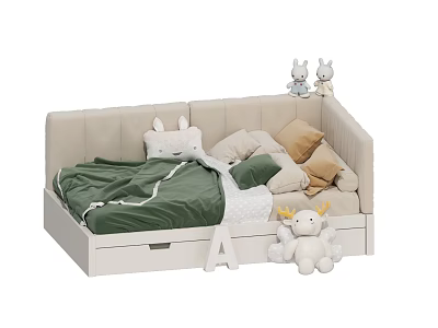 Cute White Kids Bed with Rabbit Ear Design Storage Drawers and Colorful Pillows 3d model