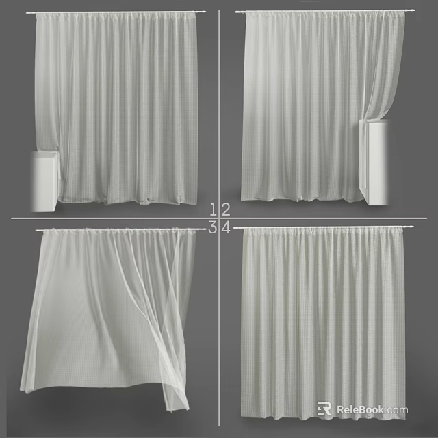 Elegant White Textured Curtains Hanging On Window Rod With Different Styles 3d model