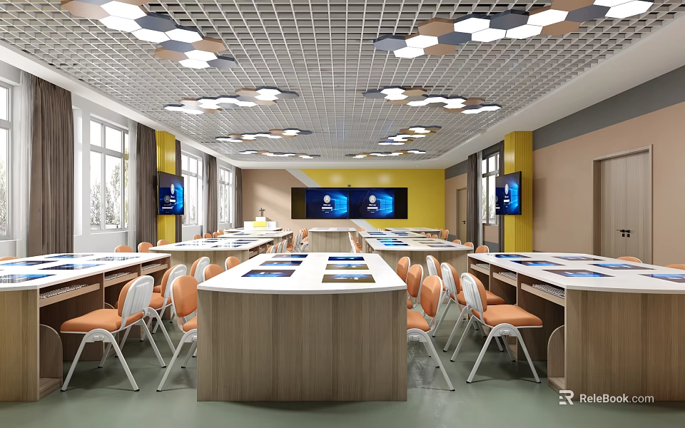 Modern School Classroom Interior With Multimedia Equipment Desks Chairs And Lighting 3d model 