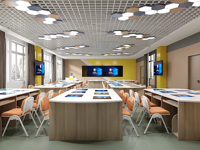 Modern School Classroom Interior With Multimedia Equipment Desks Chairs And Lighting 3d model