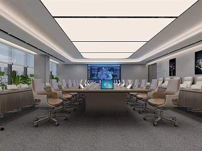 Modern Conference Room Interior With Long Table Comfortable Chairs Large Screen And Windows 3d model