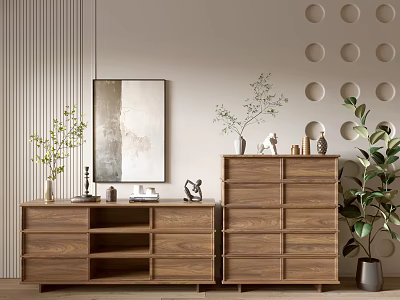 Wooden Chest of Drawers with Green Plant Decorative Items Painting and Circular Wall Art 3d model
