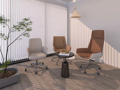 Modern Office Chairs In Light Gray Brown With Round Table Potted Plant And Window Blinds 3d model