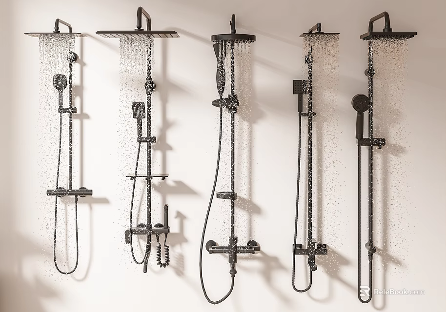 Different Wall Mounted Shower Heads Featuring Handheld Sprayers And Rainfall Designs 3d model